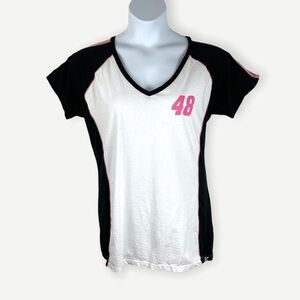 NASCAR Jimmie Johnson Ladies Pink Raglan Stripe Sleeve Shirt